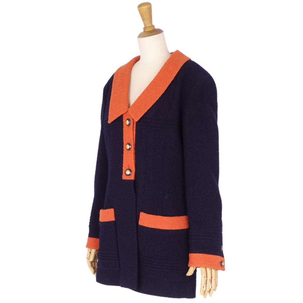 Vint Chanel Jacket 93A Wool Tweed Coco Button   French Made M Equivalent Navy/Orange