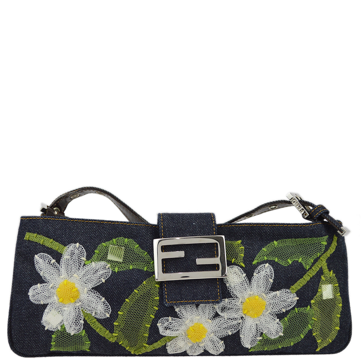 Fendi Blue Denim Floral Embroidered Shoulder Bag