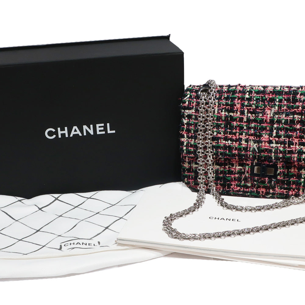 CHANEL 2.55 Chain Shoulder Bag Mini Flap Tweed Handbag 2WAY Check Red Pink Green Silver