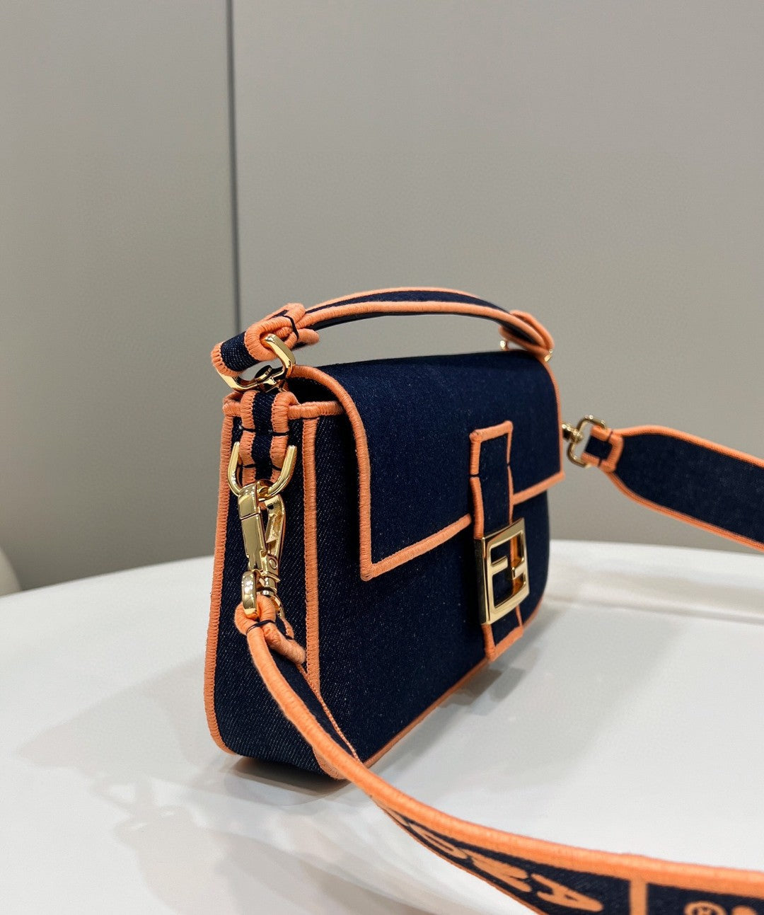 Fendi Baguette Blue Denim Orange Border Bag