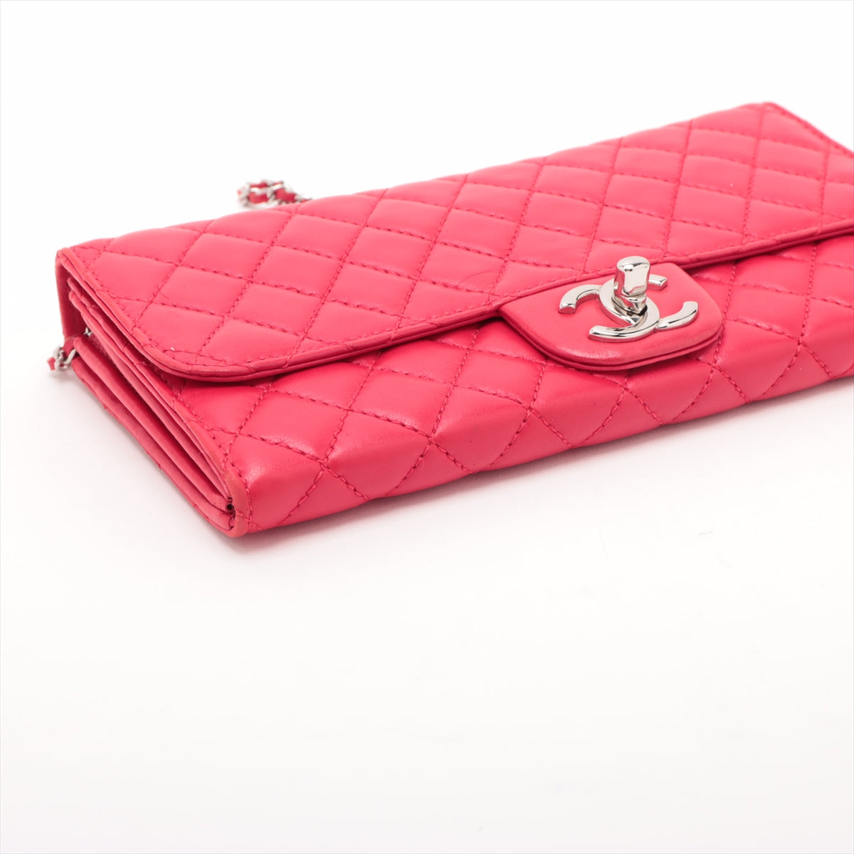 Chanel Lambskin  Chain Wallet Red Silver G