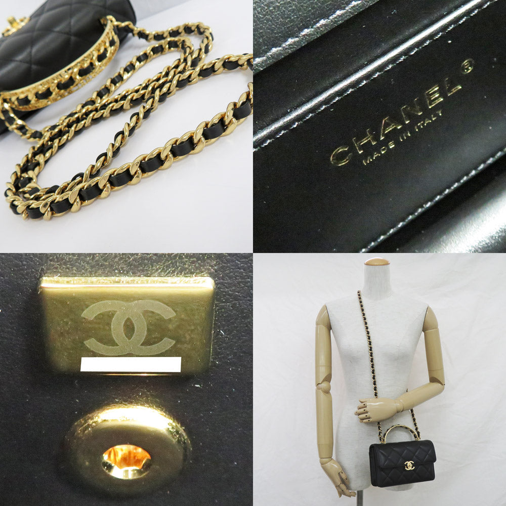 CHANEL CHANEL MATRASSES TOP HANDLE MINI FLAP BAG AS4730 SHINIKAREFSKIN BLACK GOLD WOOD WOOD BLACK GD GOLD WOOD LOGO COCOMARK LADY