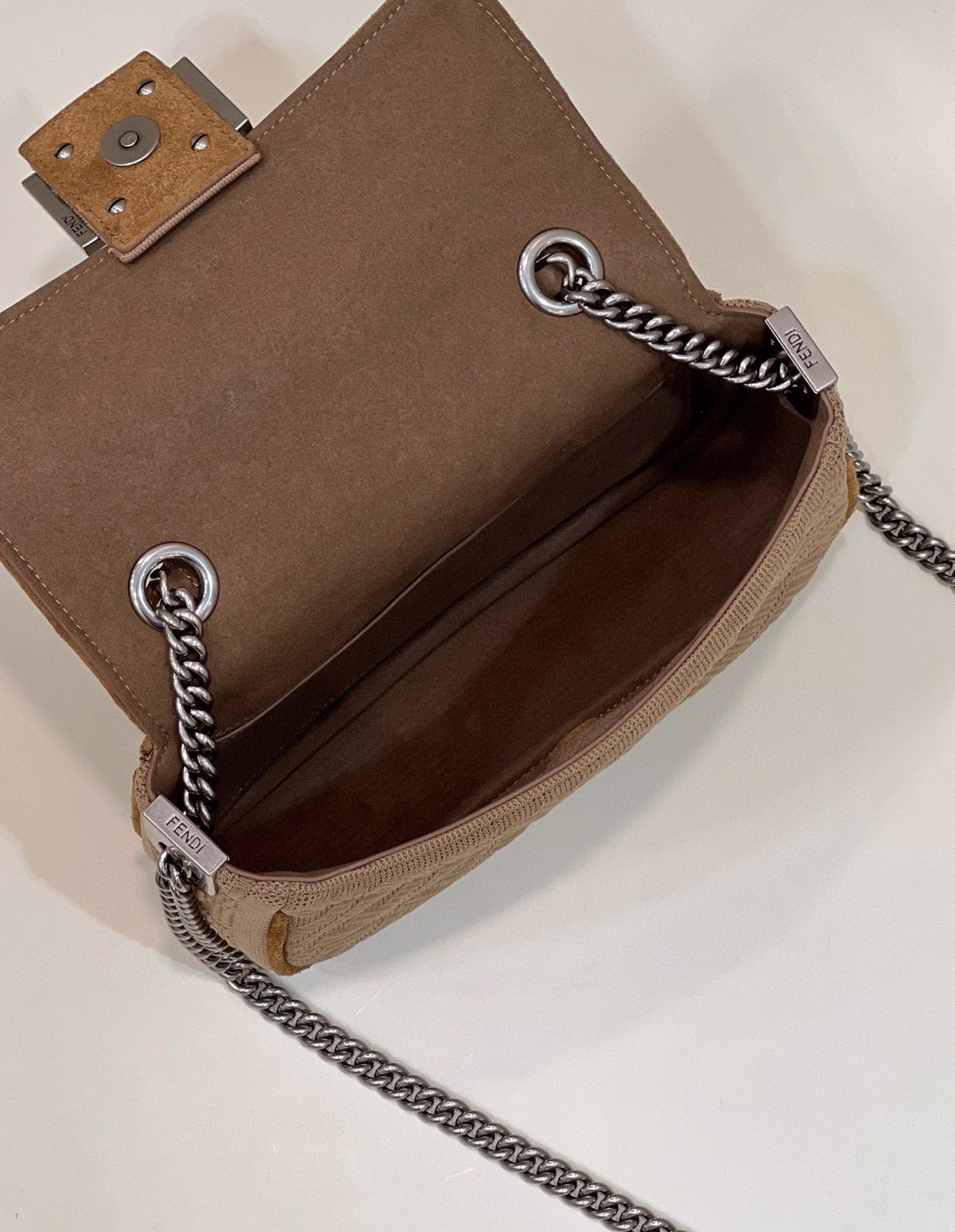 Fendi Baguette Chain Midi Beige FF Fabric Bag