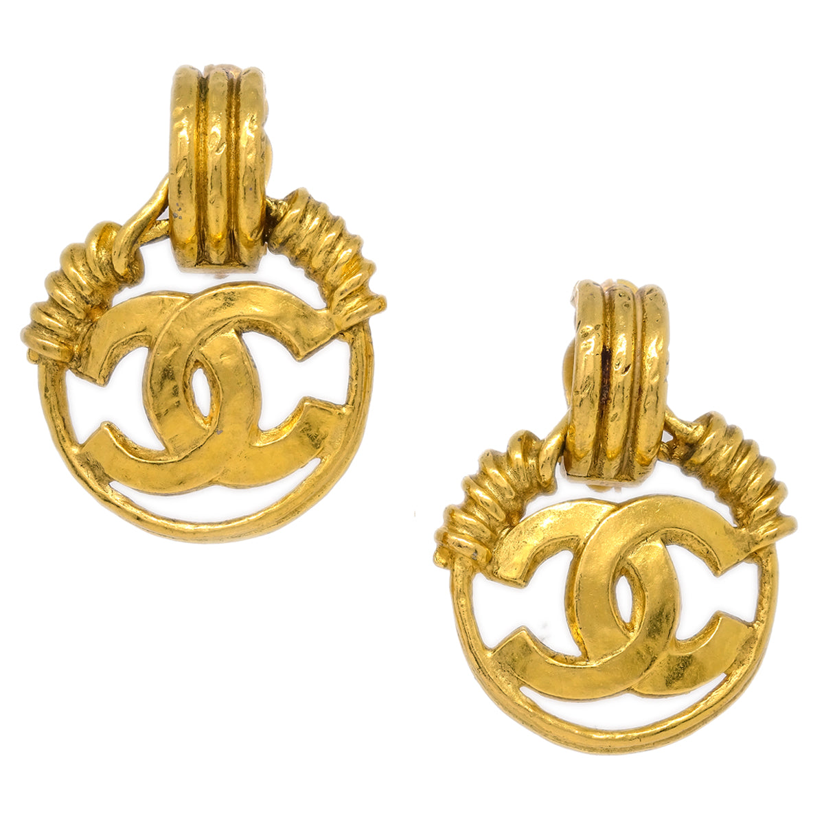 Chanel Hoop Dangle Earrings Gold Clip-On 94P