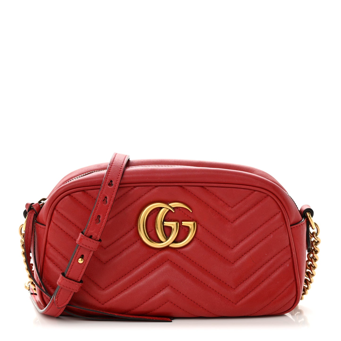 Gucci  Calfskin Matelasse Small GG Marmont Chain Shoulder Bag Hibiscus Red