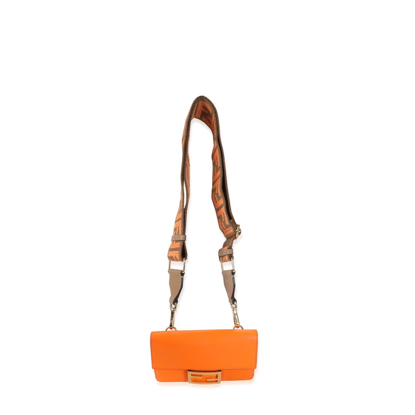 Fendi Orange Calfskin Mini Flat Baguette with Brown 'Strap You' Strap