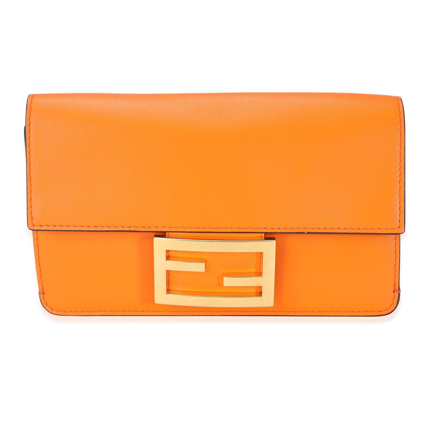 Fendi Orange Calfskin Mini Flat Baguette with Brown 'Strap You' Strap