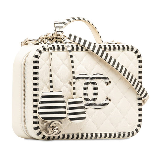 Chanel CC Filigree Chain Shoulder Bag Vanity Bag White Black Canvas  CHANEL