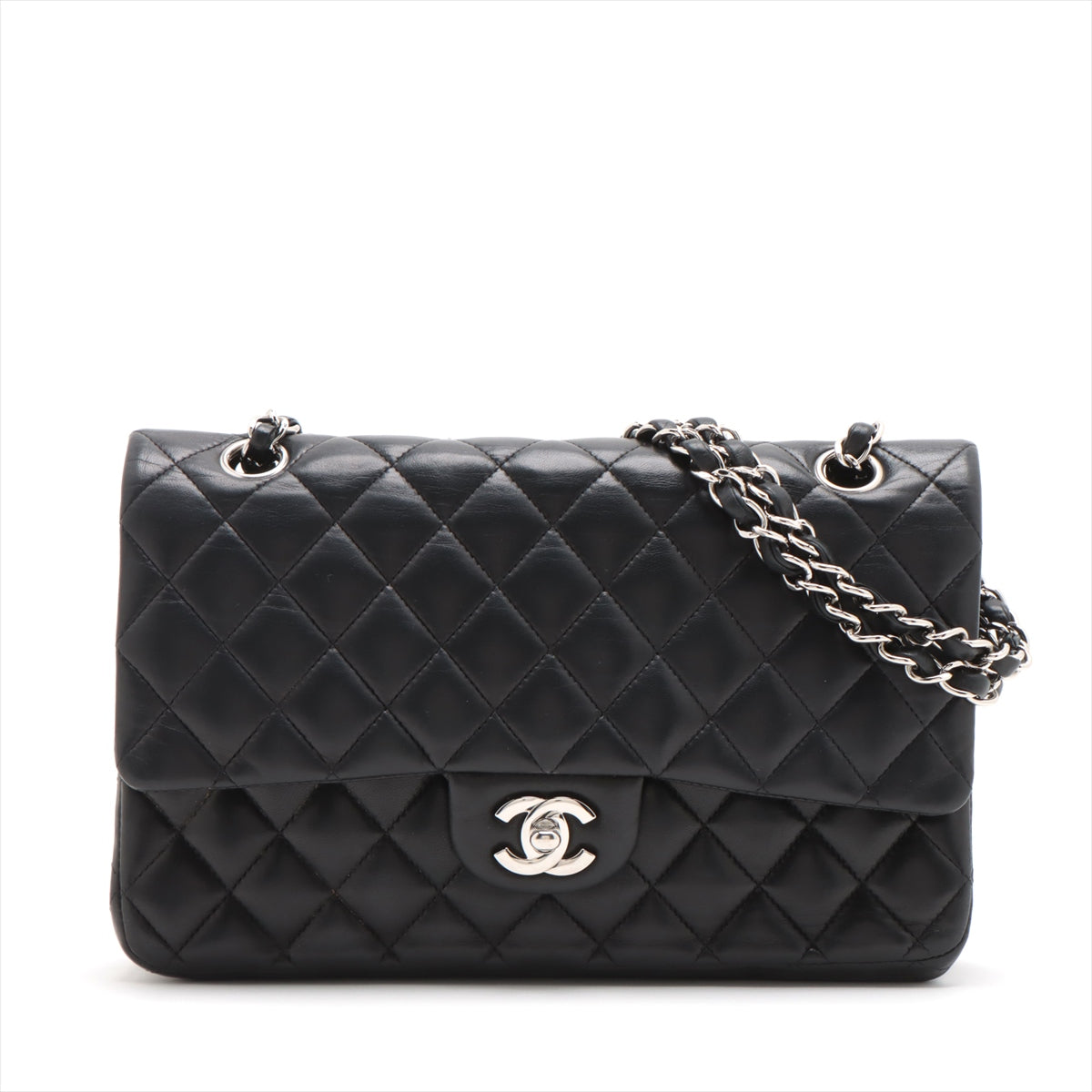 Chanel Matrasse 25  Double Flap Double Chain Bag Black Silver G  13th A01112