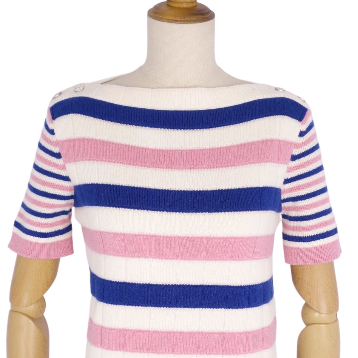 Chanel P45628   Short Sleeve Coco Button Border Shirt Cashmere Tops  34 (equivalent to S) Pink/Navy/Ivory