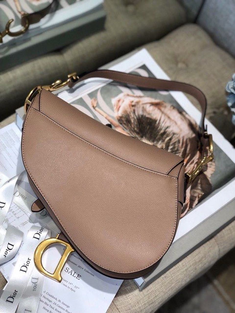 Christian Dior Warm Taupe Grained Saddle Bag Gold Toned Hardware