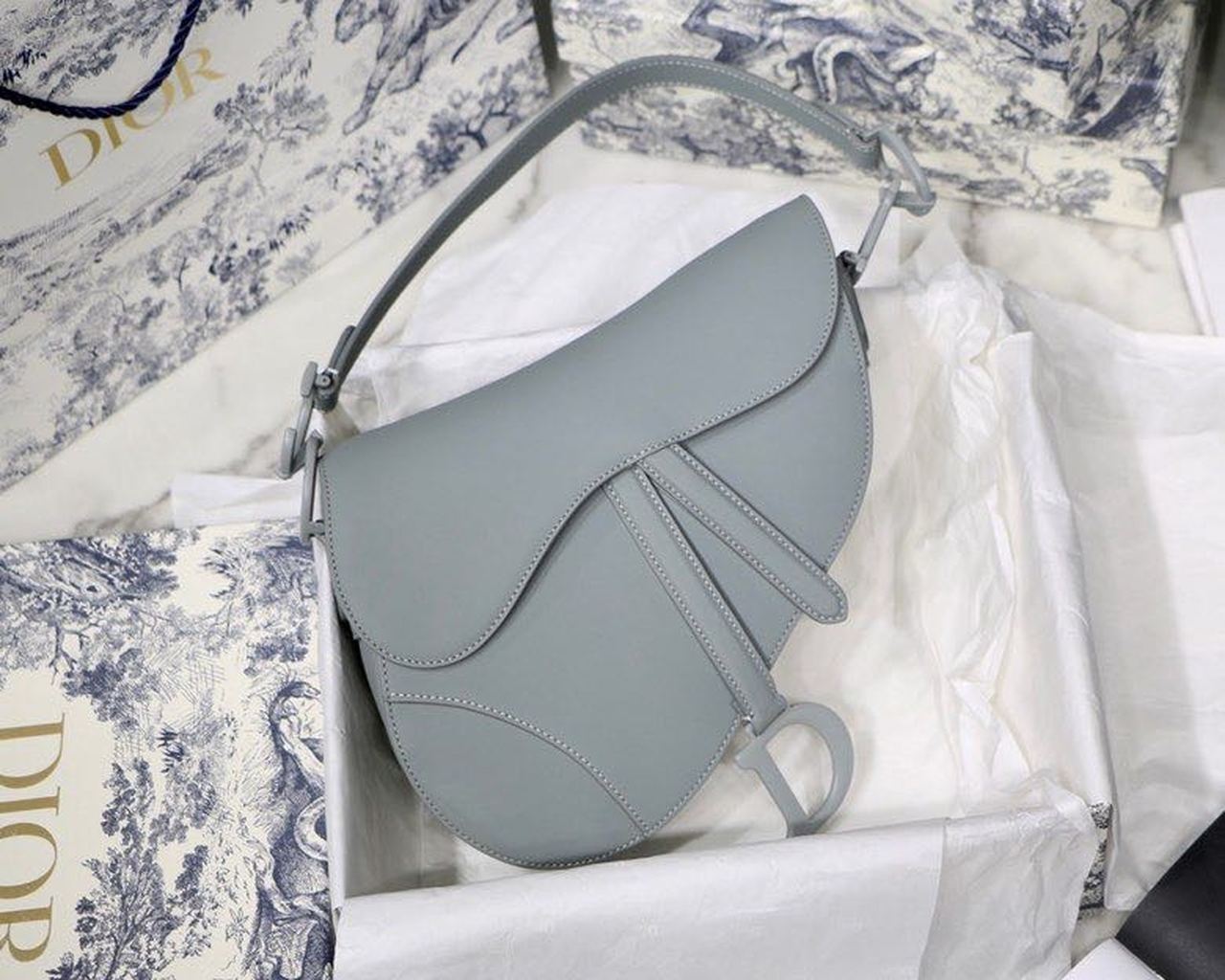 Christian Dior Ultramatte Saddle Bag Light Blue Grained Gold Toned Hardware