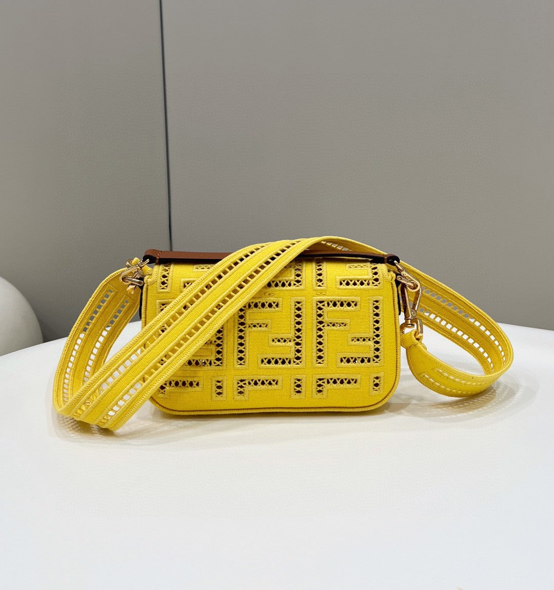 Fendi Baguette Yellow with Embroidery Small Bag For Woman 21cm/8in