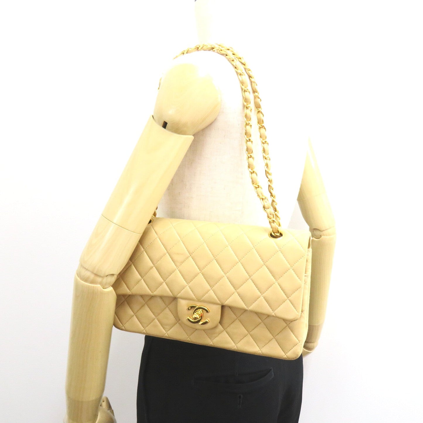 Chanel Double Flap Chain Shoulder Shoulder Bag  Beige S/Cards