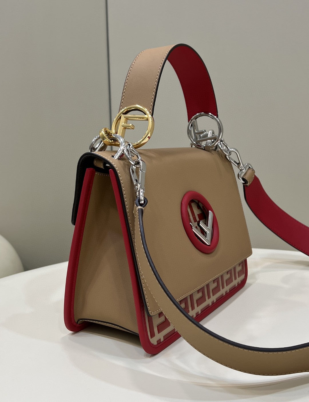 Fendi Kan I F Medium Brown and Red Bag For Woman 18cm/7in