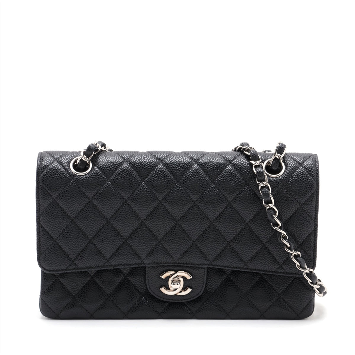 Chanel Matrasse 25 Caviar S Double Flap Double Chain Bag Black Silver  14th A01112