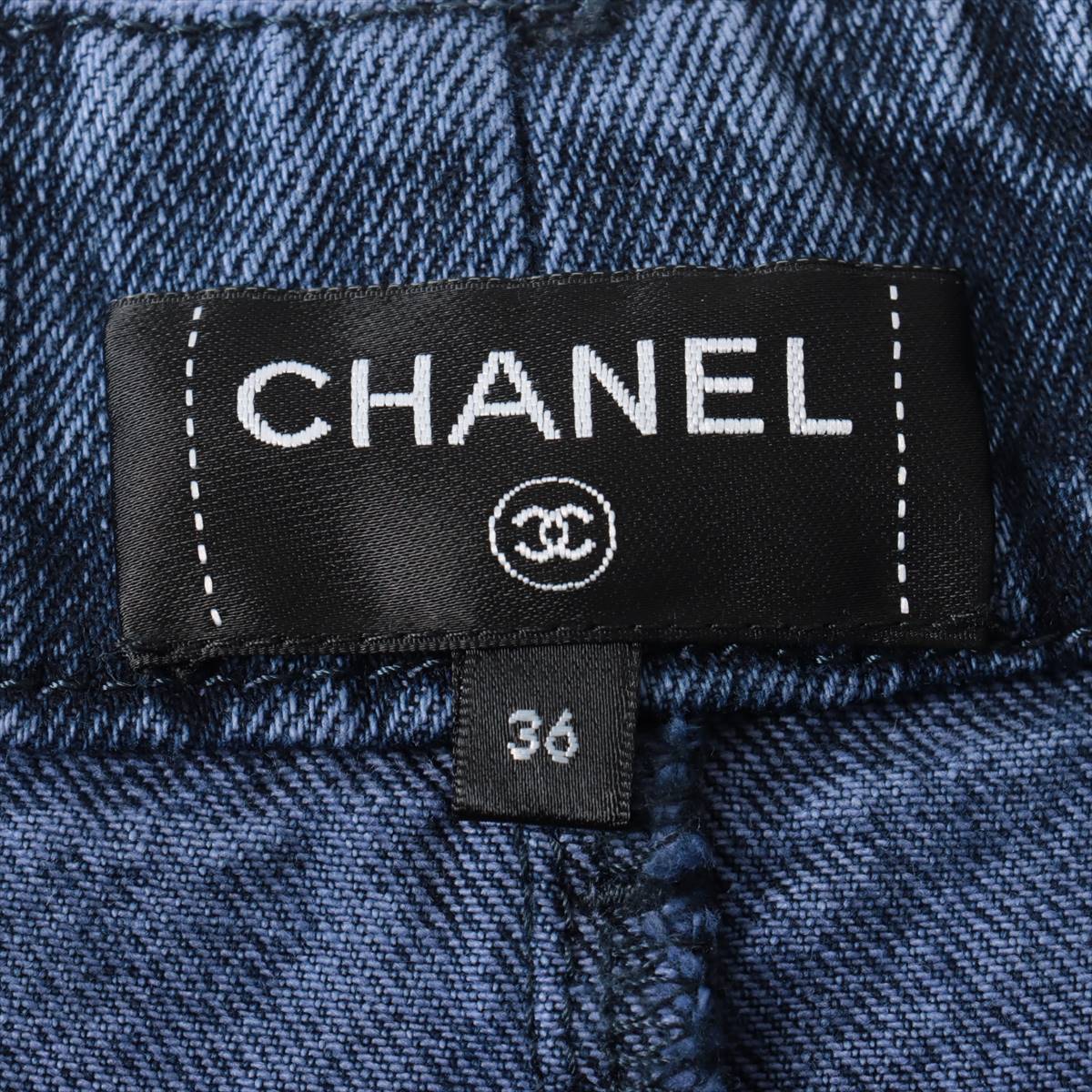 Chanel Coco P73 Cotton Denim Pants 36  Blue False Pearl Wash Processed Wild Pants