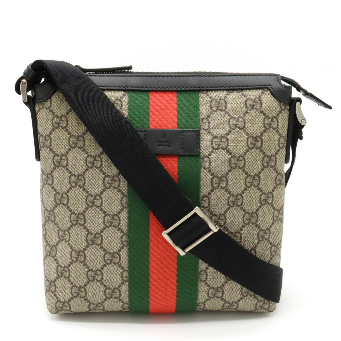 GUCCI GG Supreme Sherry Line Web Flat Bag Shoulder Beige Black 471454