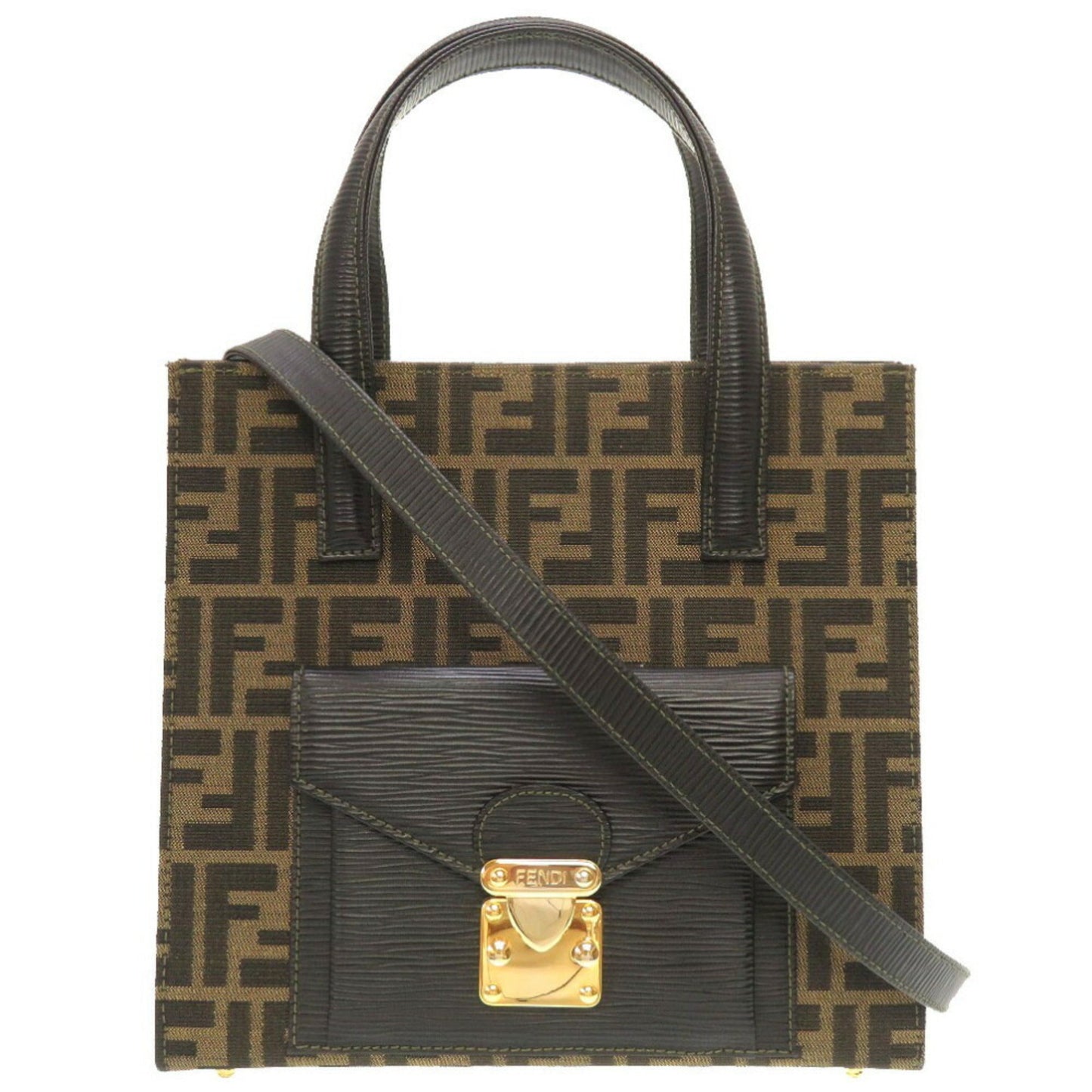 FENDI Zucca Leather Canvas Brown Black Handbag