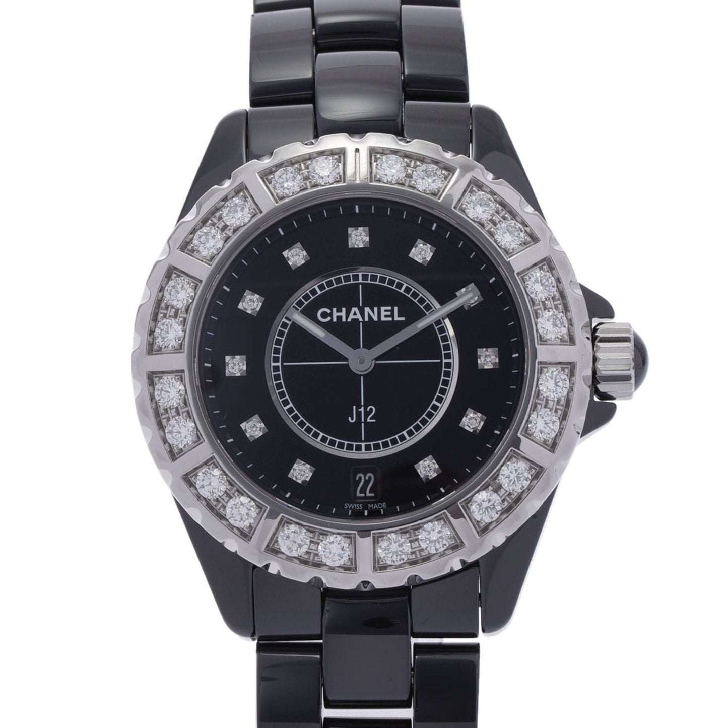 CHANEL J12 38mm 11P Diamond Bezel H2428 Men's Black Ceramic SS Watch Quartz Dial