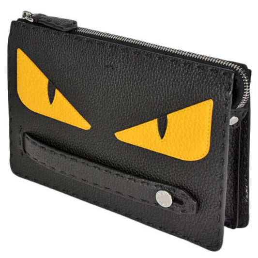 Fendi Bugs Clutch Bag Black Yellow Leather Canvas Monster 7VA350