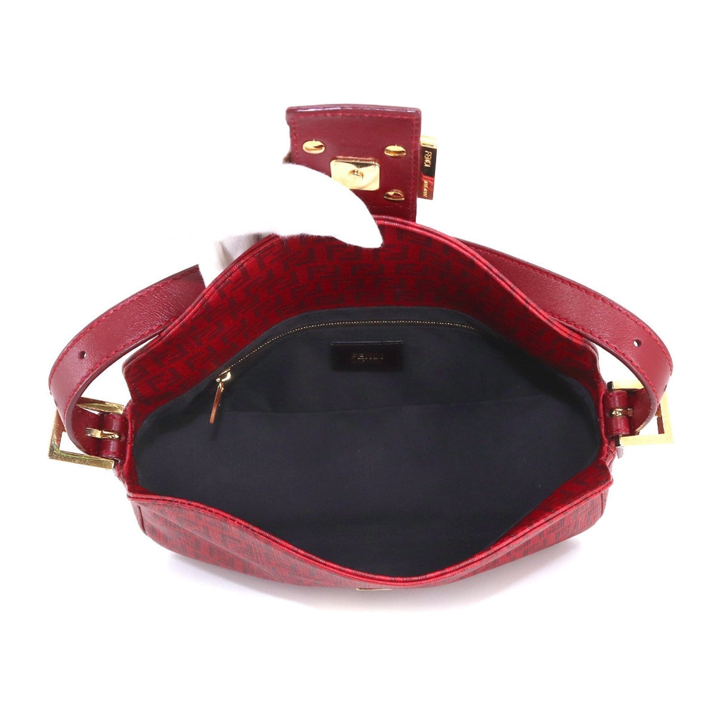 FENDI Zucchino Mamma Baguette Shoulder Bag PVC Leather Red 8BR003 Gold Hardware