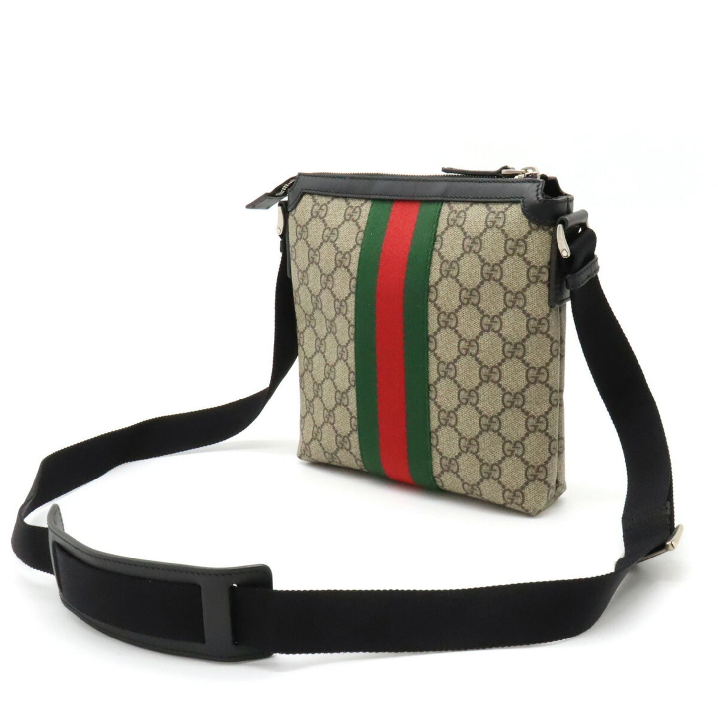 GUCCI GG Supreme Sherry Line Web Flat Bag Shoulder Beige Black 471454