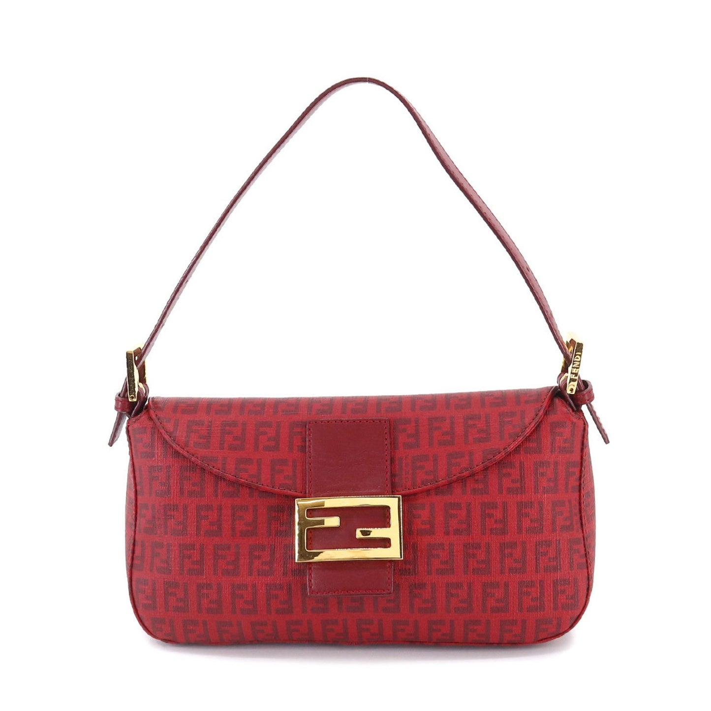 FENDI Zucchino Mamma Baguette Shoulder Bag PVC Leather Red 8BR003 Gold Hardware