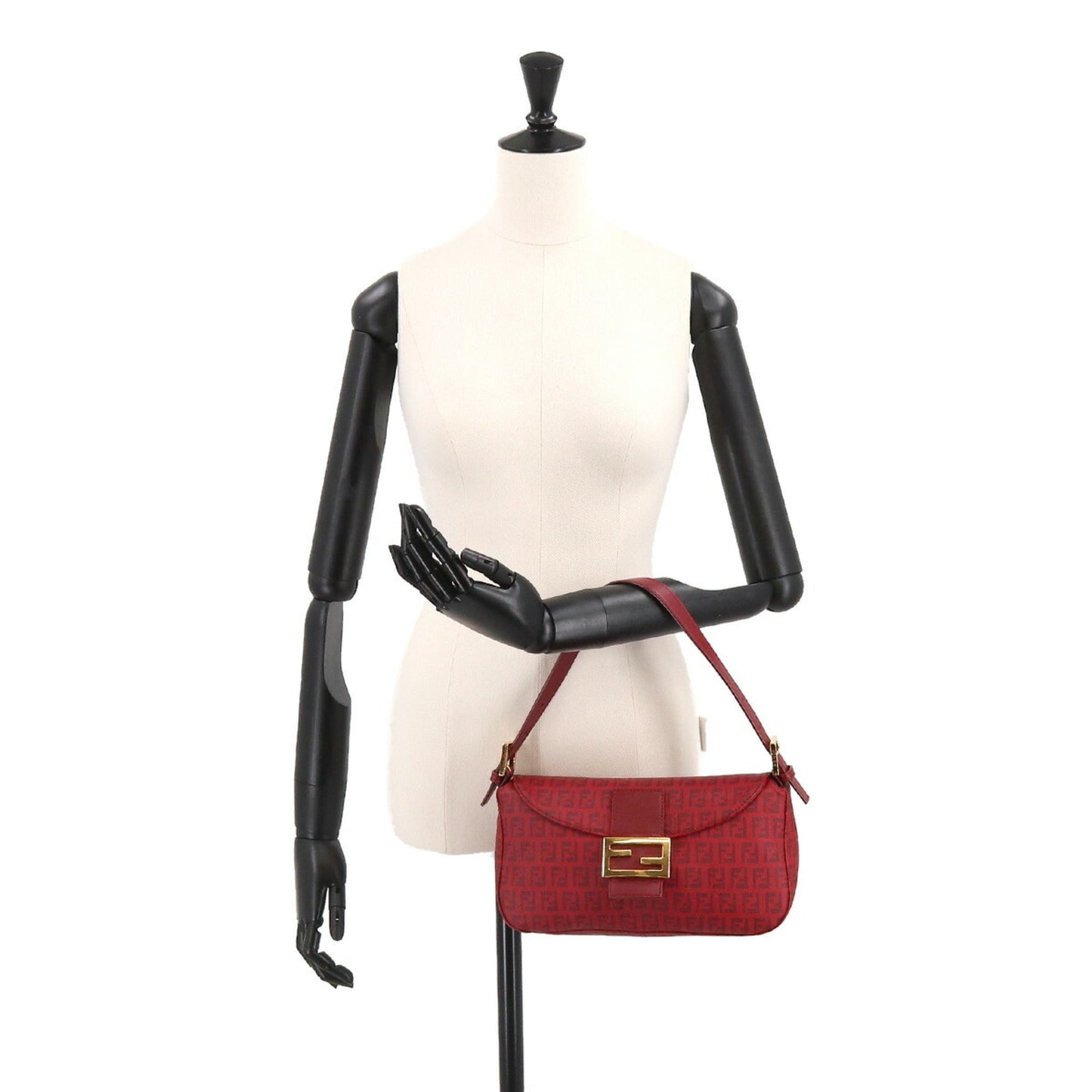 FENDI Zucchino Mamma Baguette Shoulder Bag PVC Leather Red 8BR003 Gold Hardware