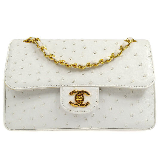 CHANEL * 1989-1991 Classic Double Flap Small White Ostrich