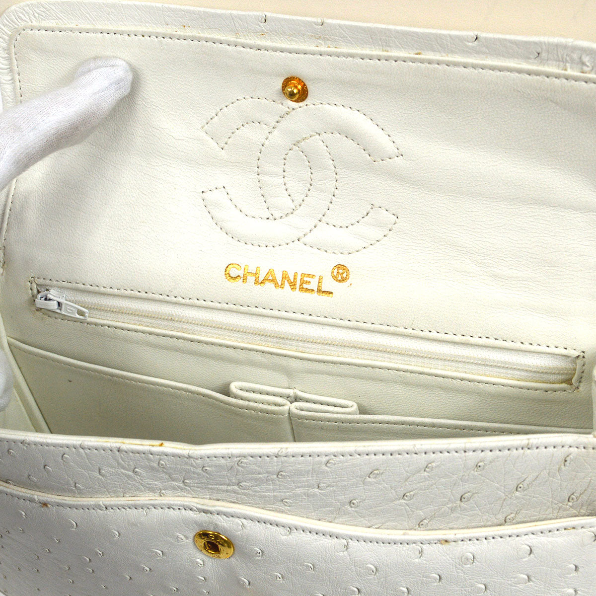 CHANEL * 1989-1991 Classic Double Flap Small White Ostrich