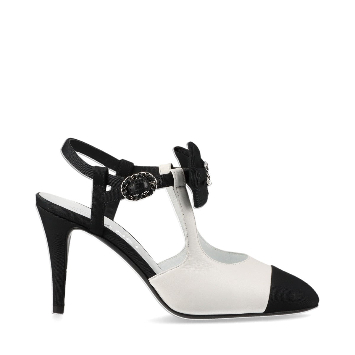 Chanel Coco Leather x Fabric Strap Pump 36 1/2C  Black x White Ribbon G36349 Box