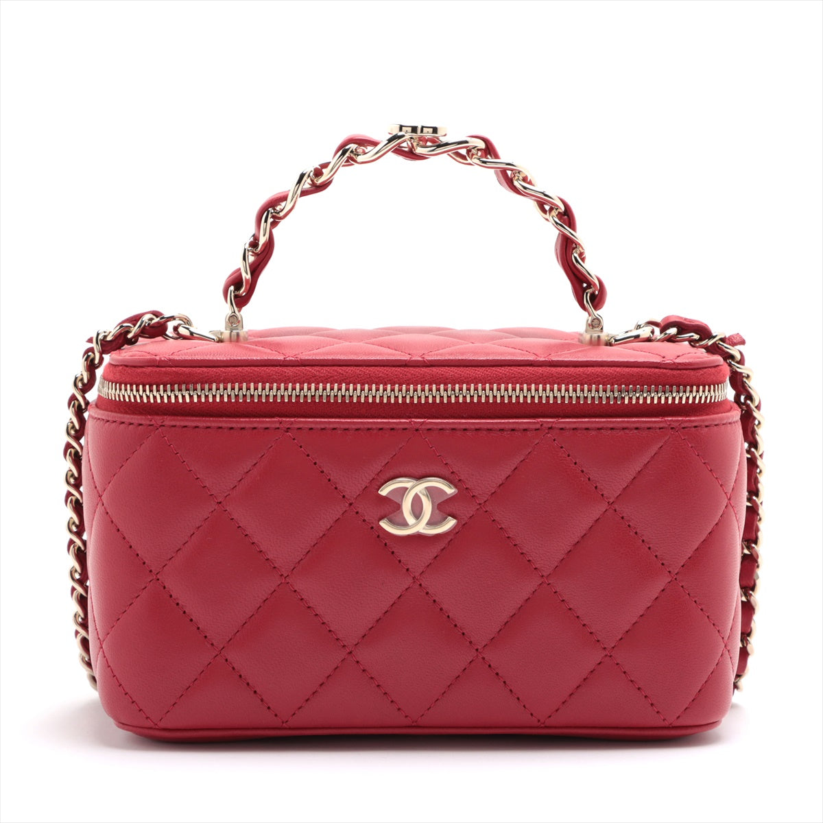 Chanel Lambskin  Chain Shoulder Bag Vanity Red Silver G