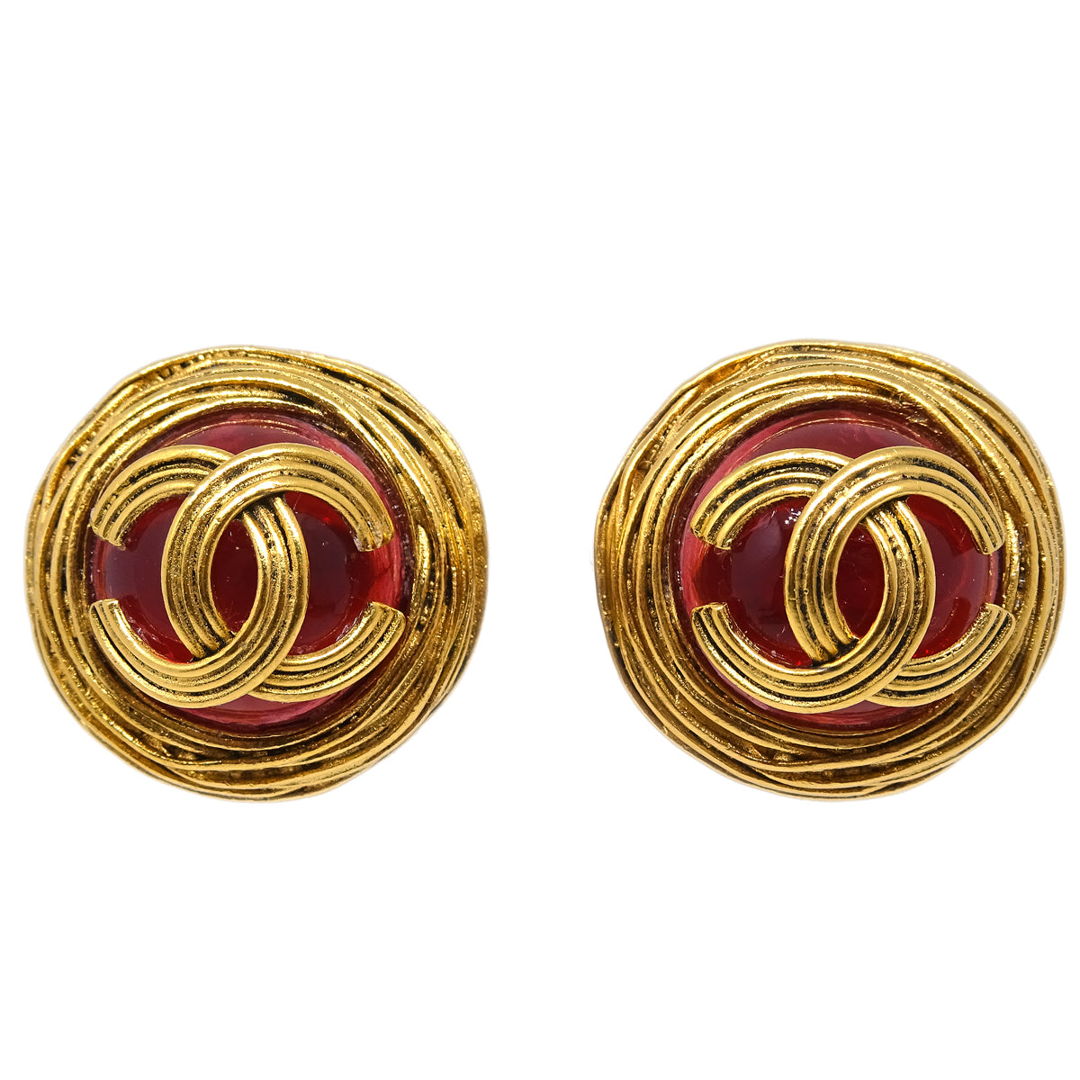 Chanel Gripoix Button Earrings Clip-On Gold Red 94A