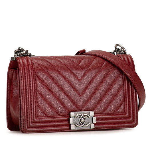 Chanel Boy Chanel 25 V Stitch Chain Shoulder Bag Wine Red Caviar S  Chanel