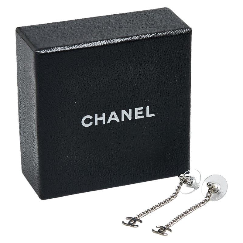 Chanel Coco Long Chain Stud Earrings Silver Metal  Chanel