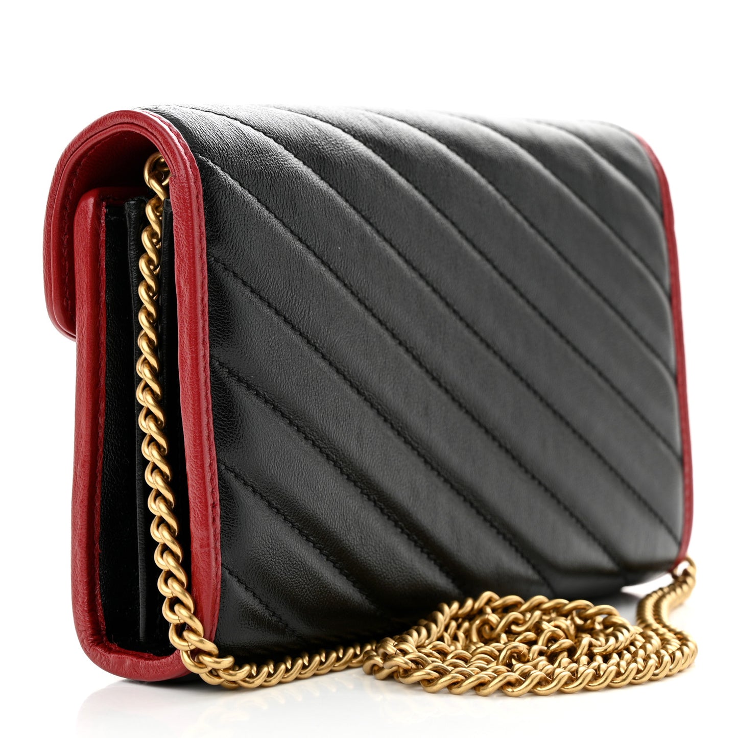 Gucci  Vintage Effect Calfskin Matelasse Diagonal Torchon GG Marmont Chain Wallet Black Romantic Cherry