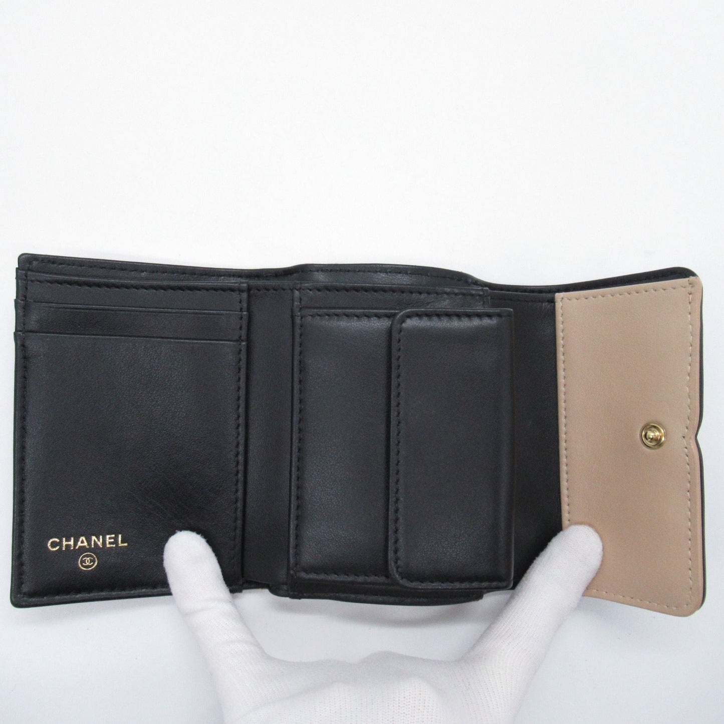 Chanel Three Fold Wallet Three Folded Wallet Caviar S  Beige Black