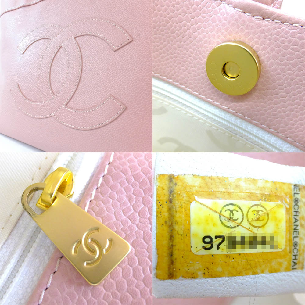 Chanel Caviar S Tote Bag Pink G  Beige Background Logo Leather Thin