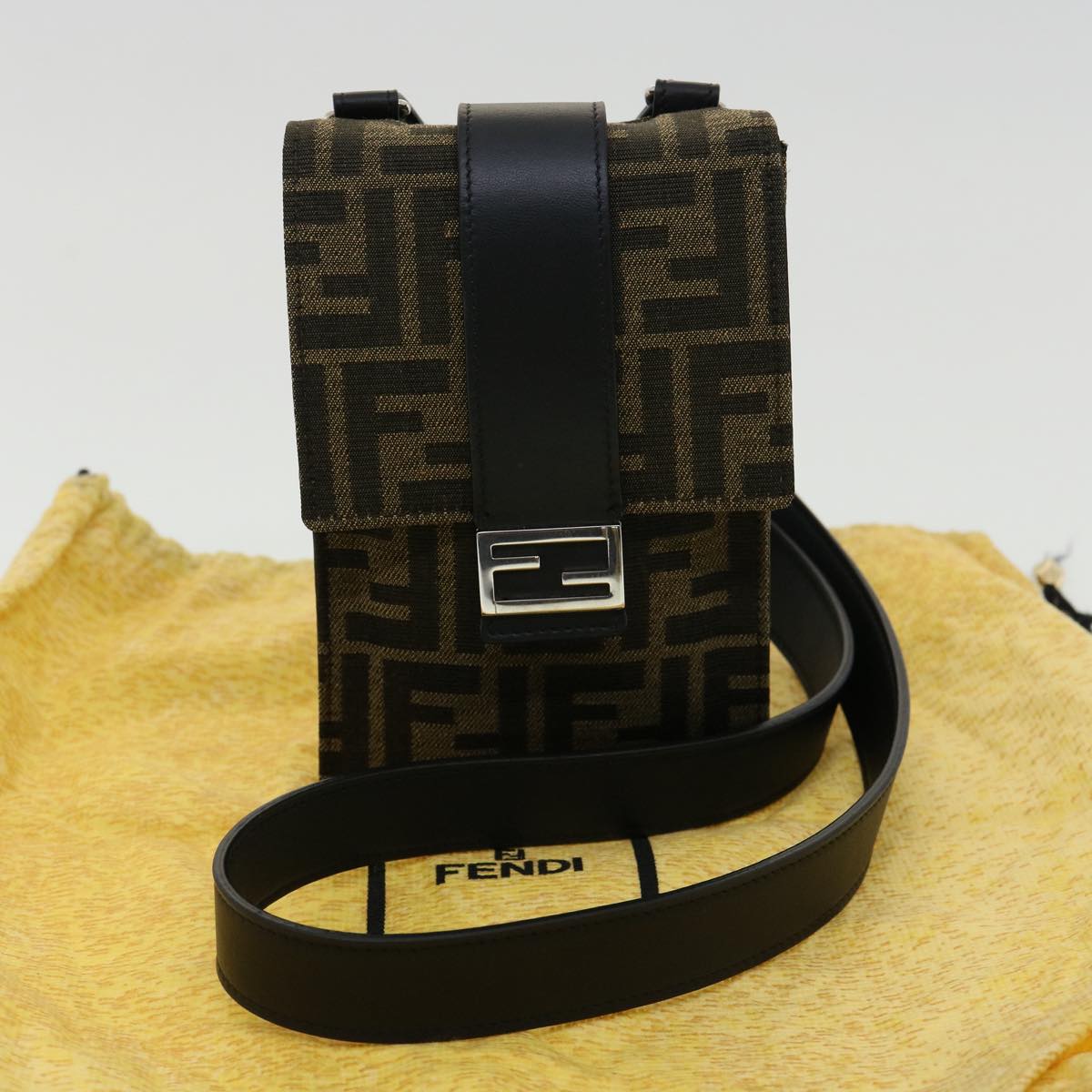 FENDI Zucca Canvas Shoulder Bag Brown Black