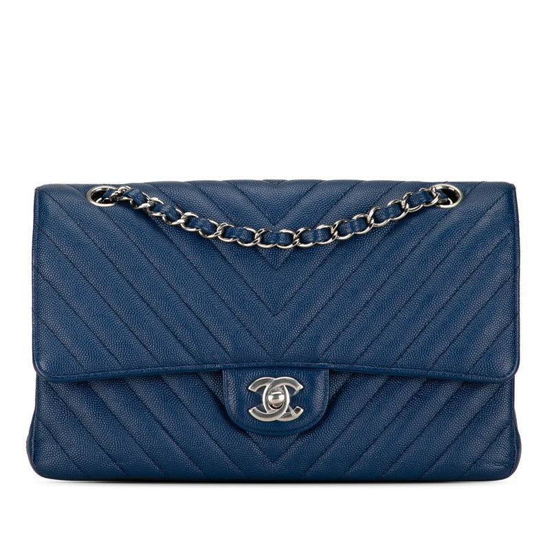 Chanel Coco V Stitch Double Flap Chain Shoulder Bag Blue Leather  Chanel