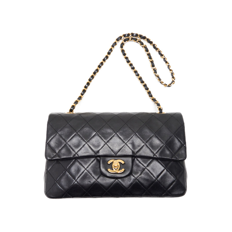 Chanel Matrasse Double Flap Chain Shoulder Bag Lambskin Black