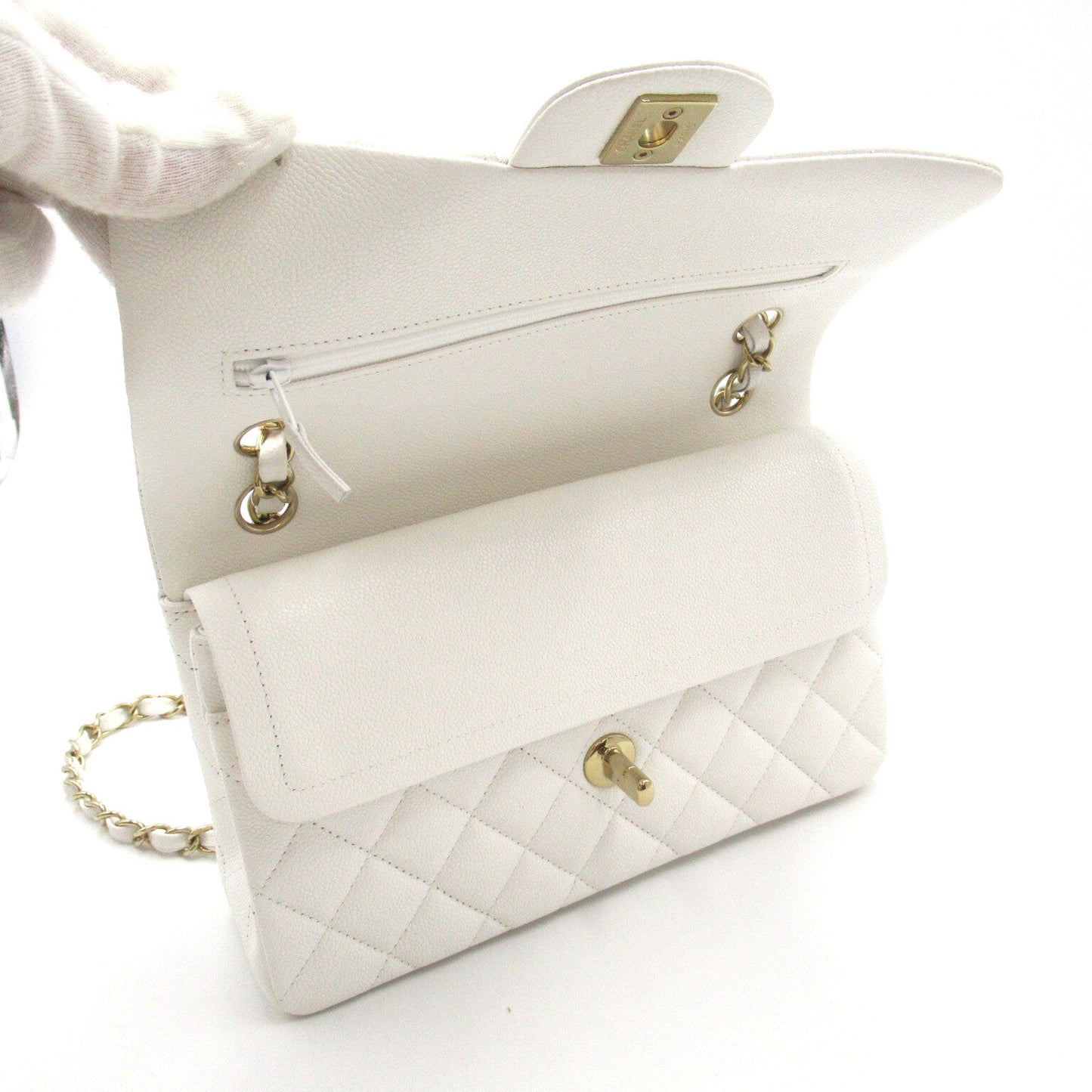 Chanel Matrasse Double Flap Chain Shoulder Shoulder Bag Caviar S  White A01113