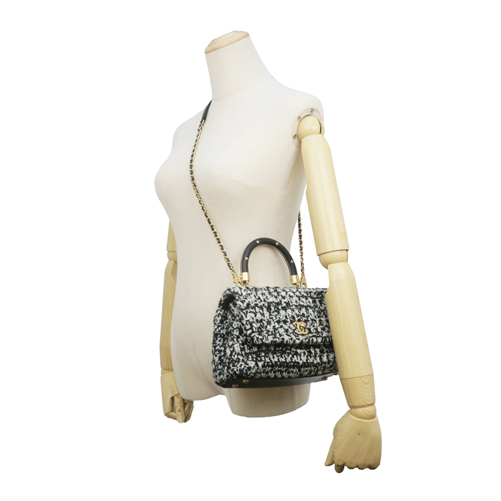 CHANEL 2WAY Handbag Tweed Sder Top Handler White X Black White X Black GD G