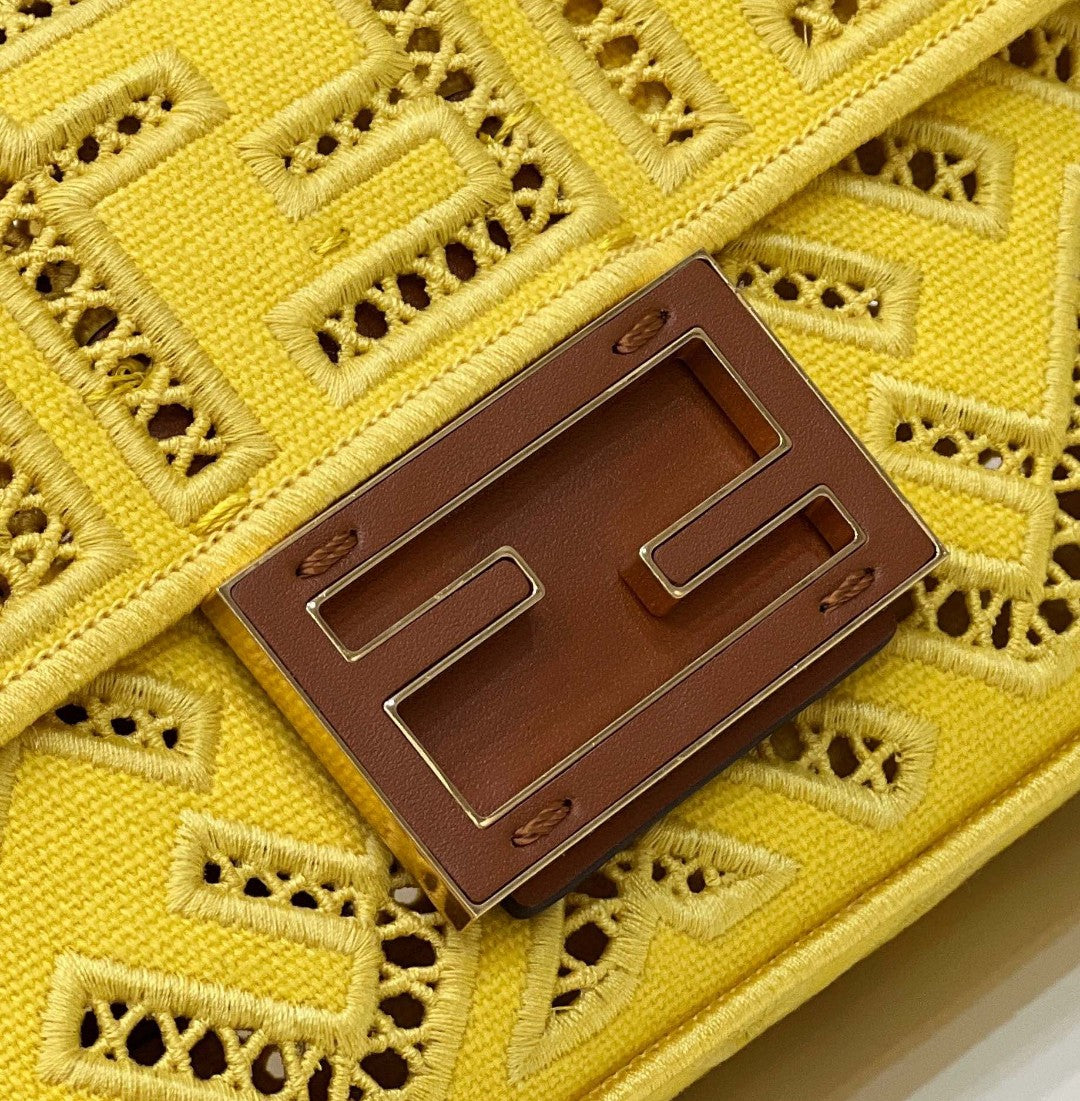 Fendi Baguette Yellow with Embroidery Small Bag For Woman 21cm/8in