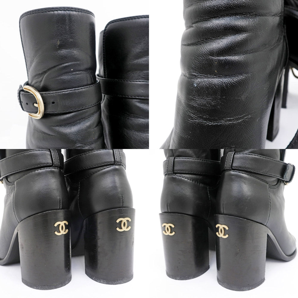 Chanel Anchor Boots 34 1/2C BK Black G38064 Leather Patent Strap CC Mark Shoes