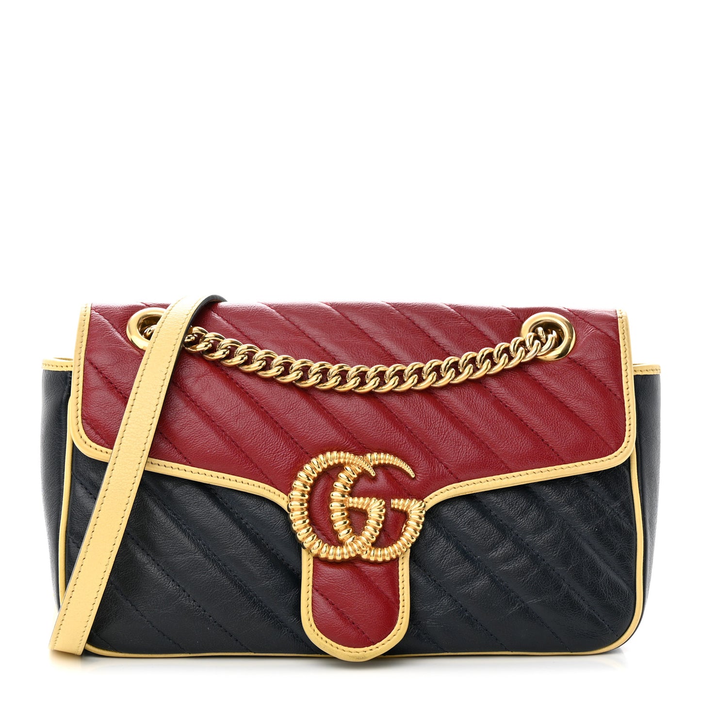 Gucci  Azalea Calfskin Matelasse Diagonal Small Torchon GG Marmont Shoulder Bag Blue Agata New Cherry Red Butter