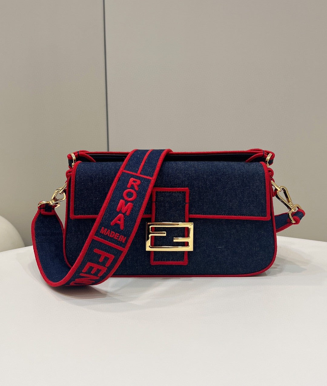 Fendi Baguette Blue Denim Red Border Bag For Woman 26cm/10in