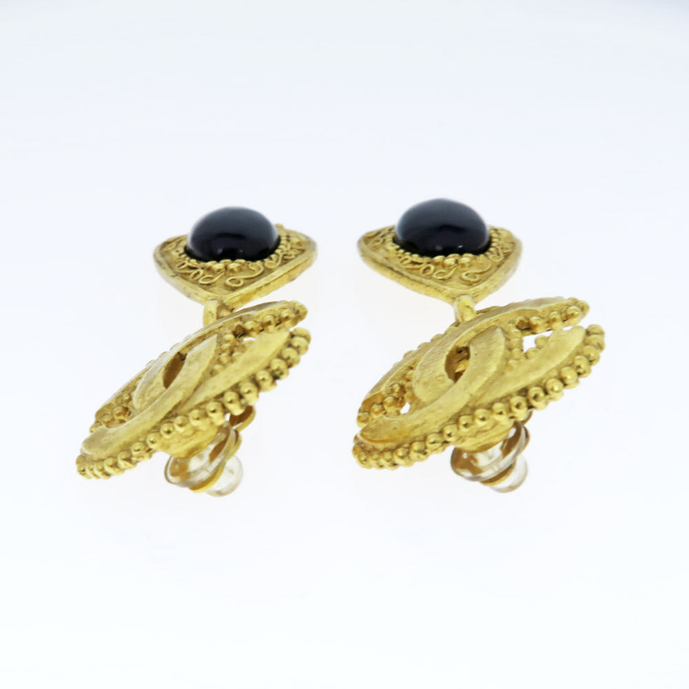 Chanel Earring 96A One Pair Coco Mark CC Color Stone Black G Accessoires