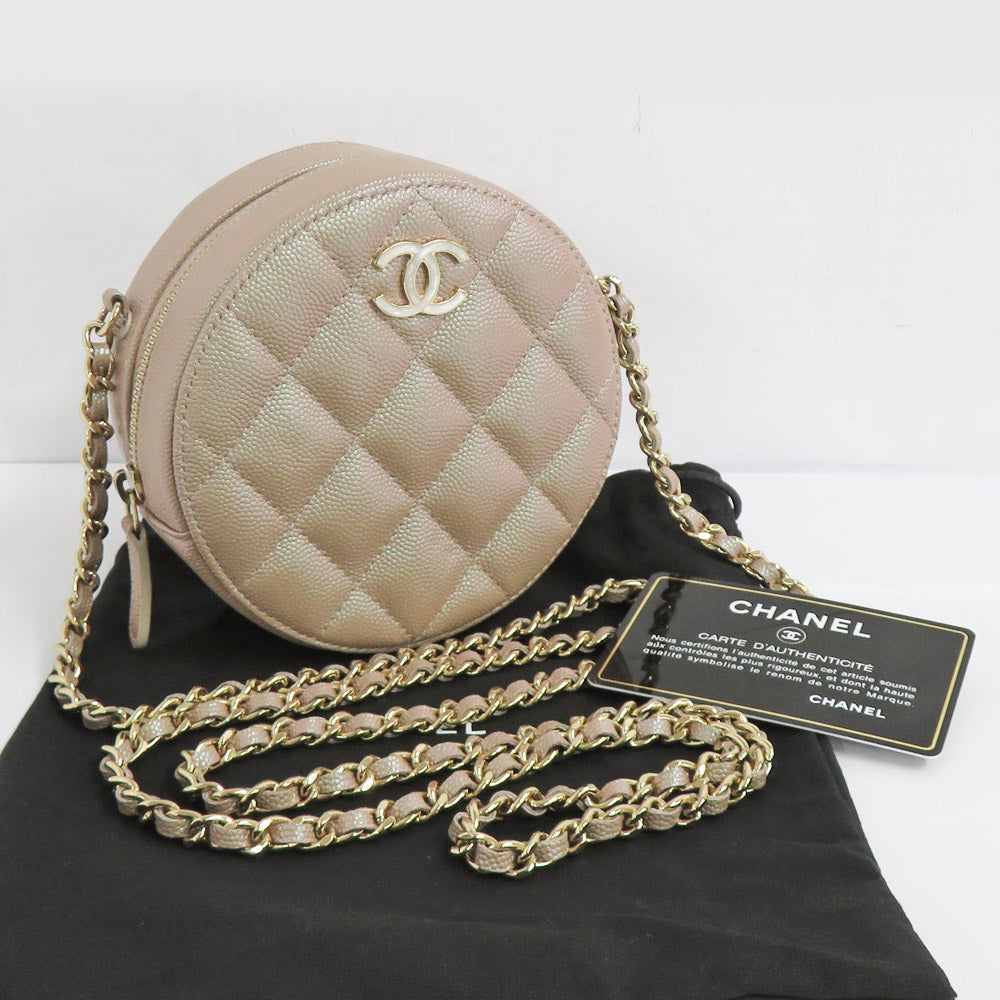 CHANEL Chanel Matrasse Round Chain Shoulder Bag Pouch AP0314 Metal Beige G  Coco  Caviar S Leather  Round